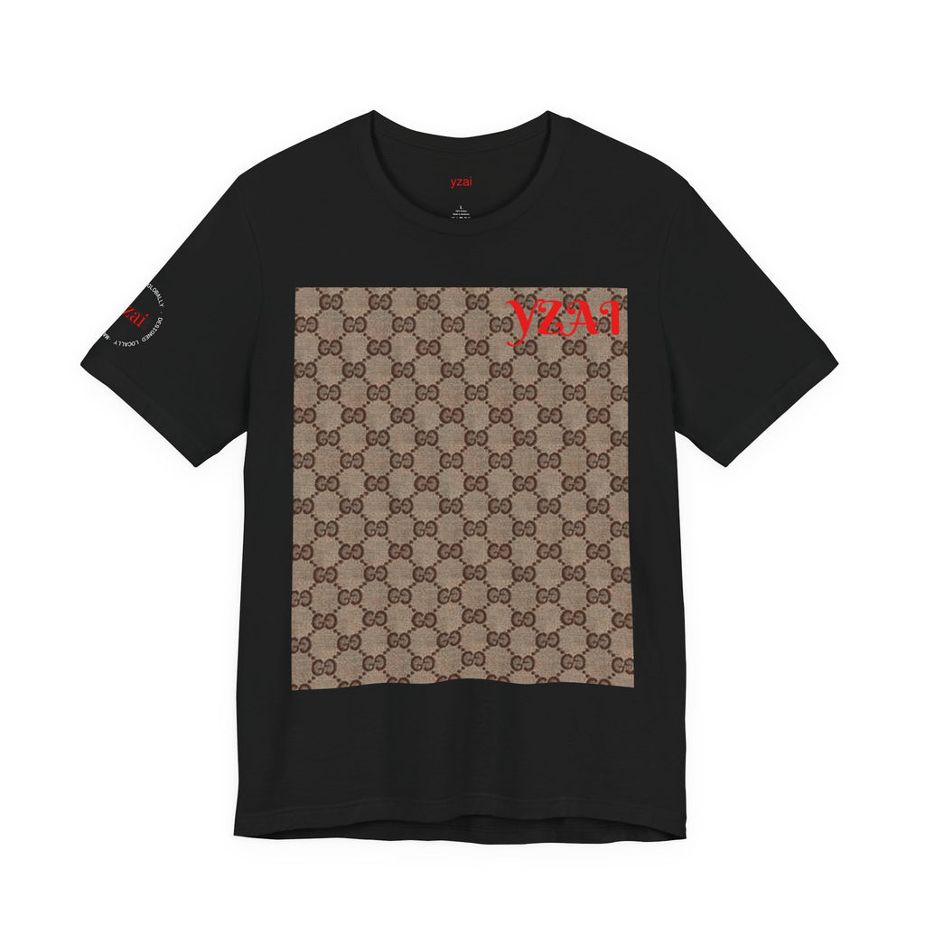 Designer Monogram Tee — Brown GG Pattern with Red "VZAI" Accent