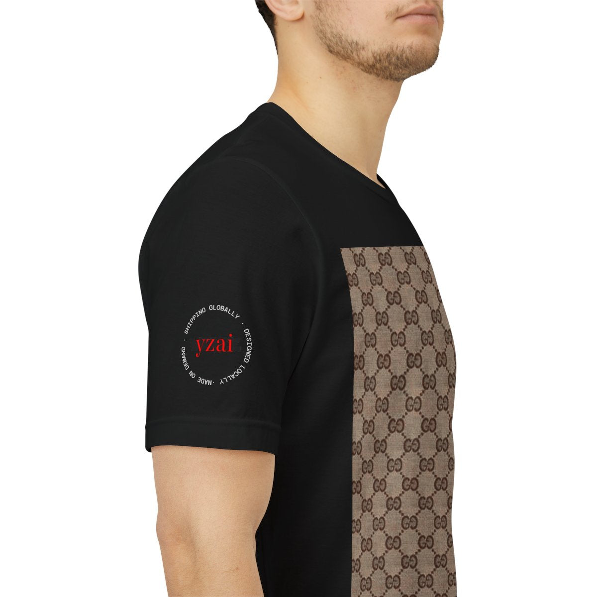 Designer Monogram Tee — Brown GG Pattern with Red "VZAI" Accent